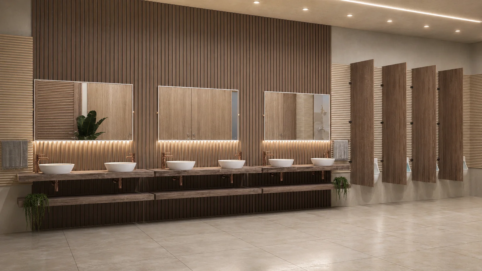 Yacht Haven Mens Restroom. Yacht Haven Amenity Building. Interior design by HAR Design Studio, 3D visualization by Rendimension.
