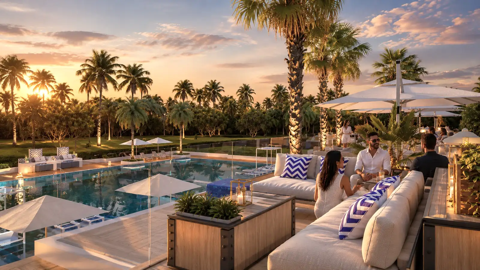 Yacht Haven Pool Terrace Sunset. Yacht Haven Amenity Building. Interior design by HAR Design Studio, 3D visualization by Rendimension.