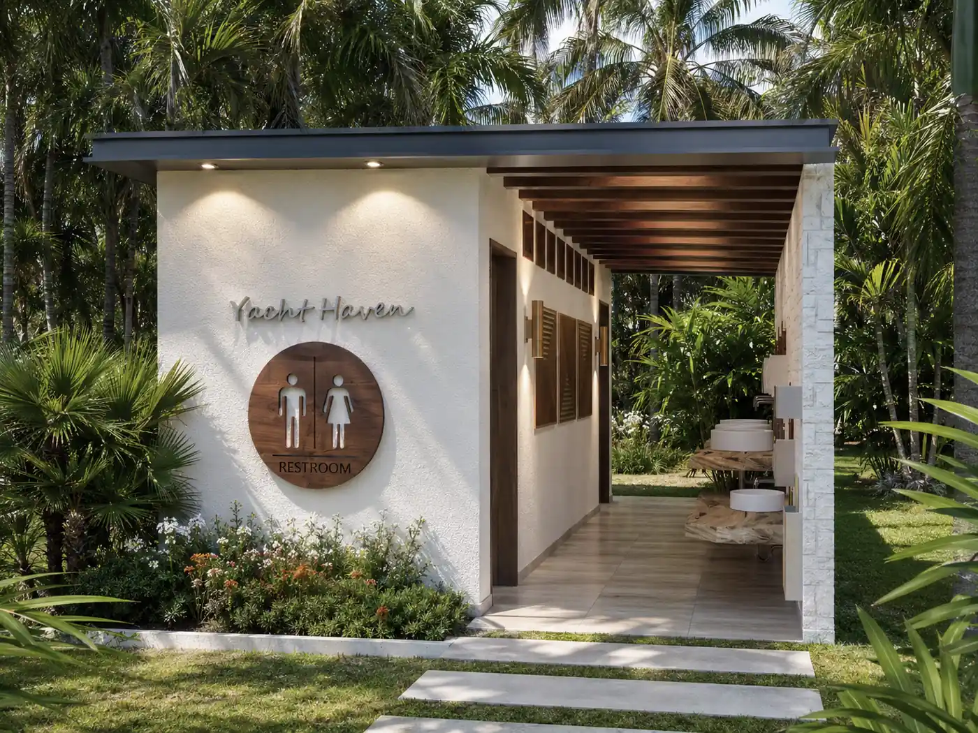Yacht Haven Restroom Pavilion Facade. Yacht Haven Amenity Building. Interior design by HAR Design Studio, 3D visualization by Rendimension.