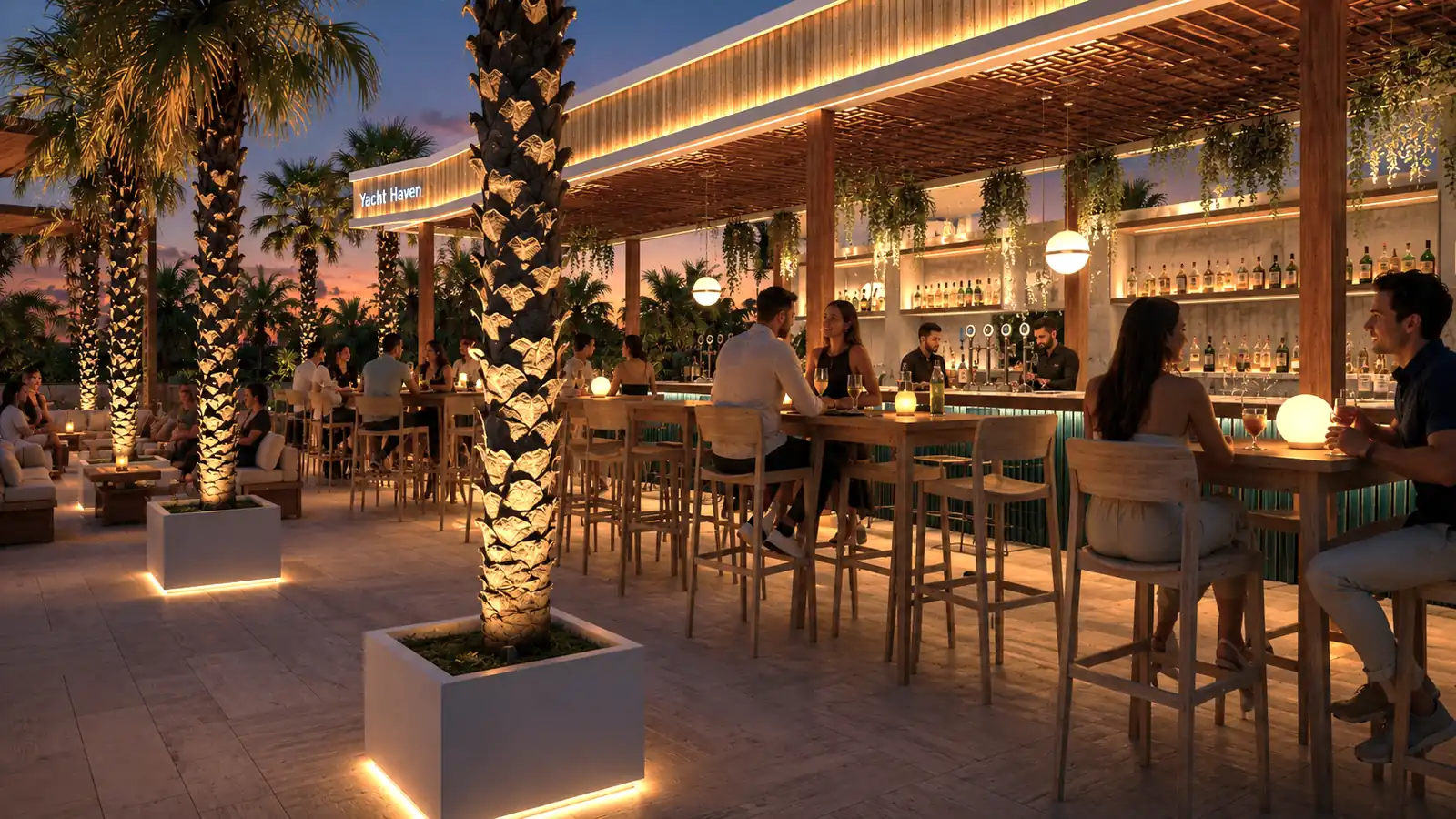 Yacht Haven Sky Lounge Bar Sunset. Yacht Haven Amenity Building. Interior design by HAR Design Studio, 3D visualization by Rendimension.