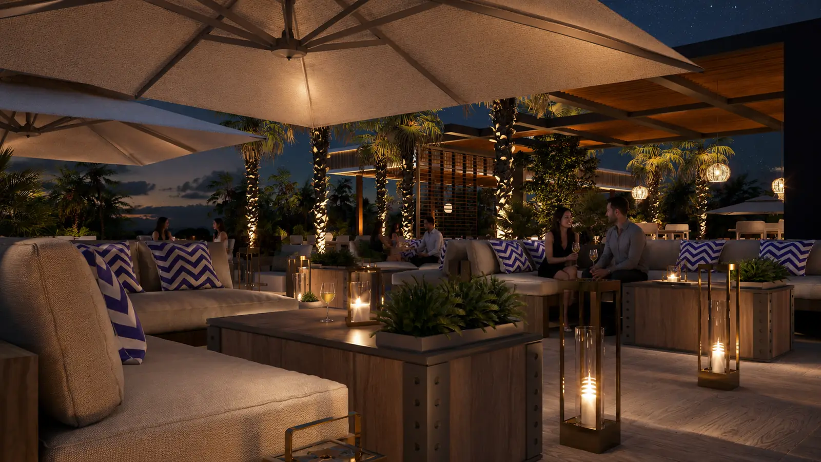 Yacht Haven Sky Lounge Seating Night. Yacht Haven Amenity Building. Interior design by HAR Design Studio, 3D visualization by Rendimension.