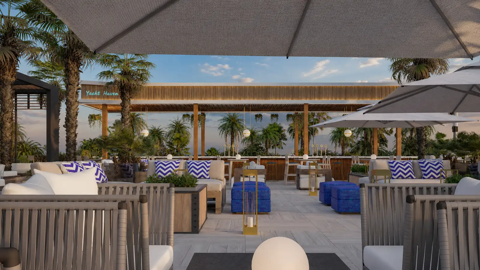 Yacht Haven Sky Lounge Terrace Day. Yacht Haven Amenity Building. Interior design by HAR Design Studio, 3D visualization by Rendimension.