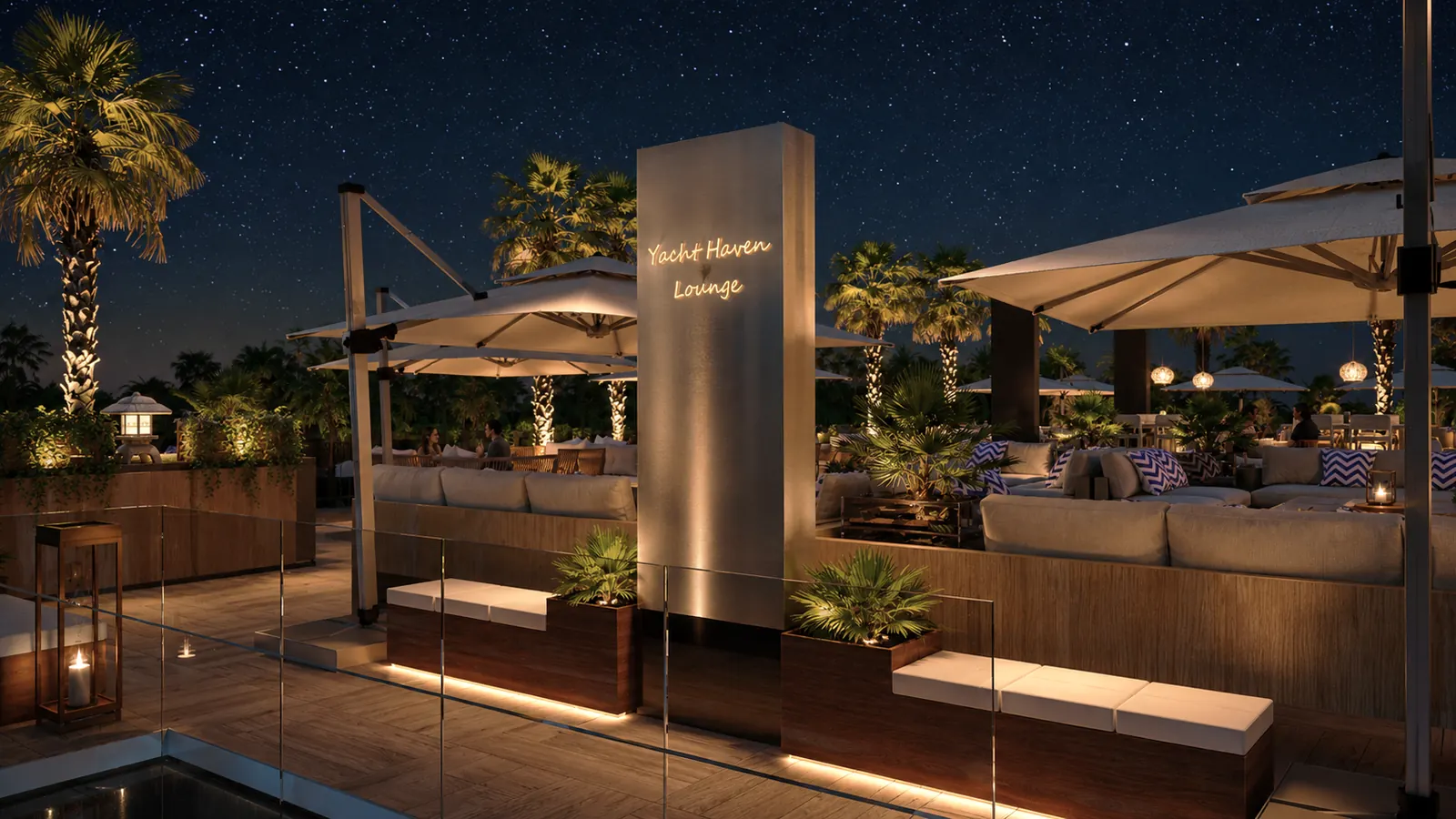Yacht Haven Sky Lounge Terrace Night. Yacht Haven Amenity Building. Interior design by HAR Design Studio, 3D visualization by Rendimension.