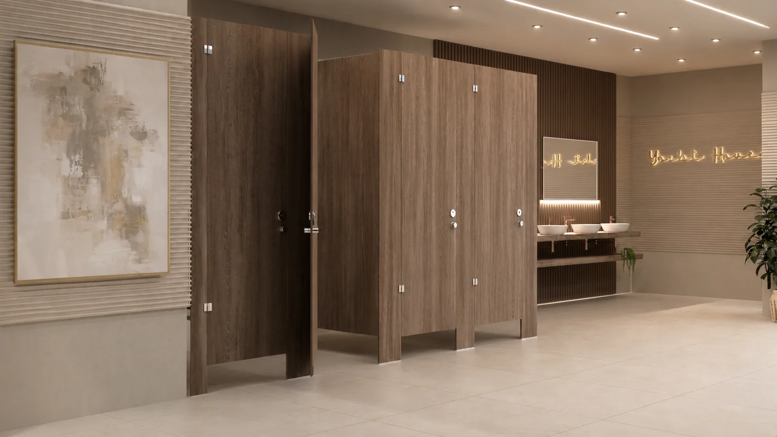 Yacht Haven Womens Restroom. Yacht Haven Amenity Building. Interior design by HAR Design Studio, 3D visualization by Rendimension.