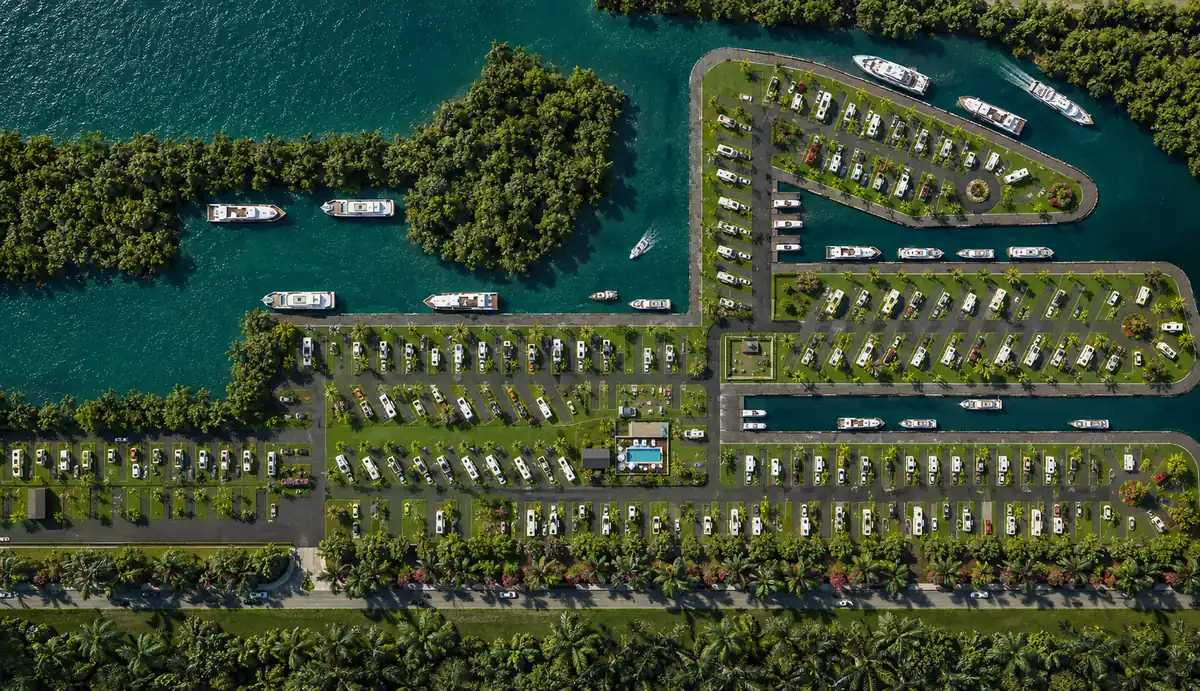 Aerial Masterplan. Yacht Haven Marina. Interior design by HAR Design Studio, 3D visualization by Rendimension.