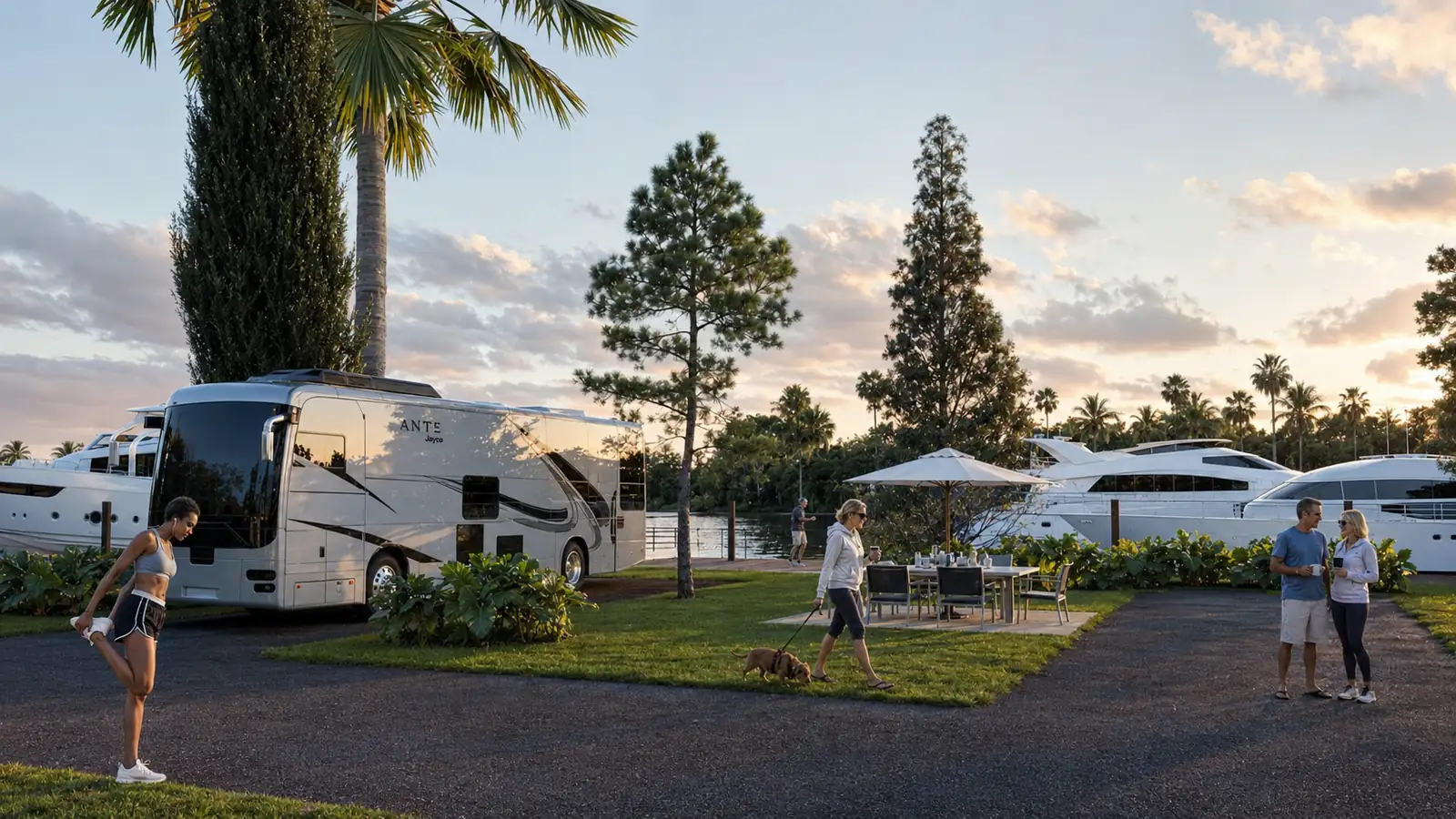 RV Site Canal Dusk. Yacht Haven Marina. Interior design by HAR Design Studio, 3D visualization by Rendimension.